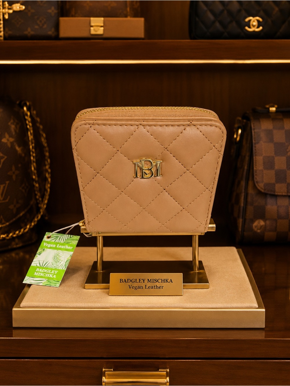 Badgley Mischka Quilted Vegan Leather Large square wallet Taupe - Picture 2 of 7